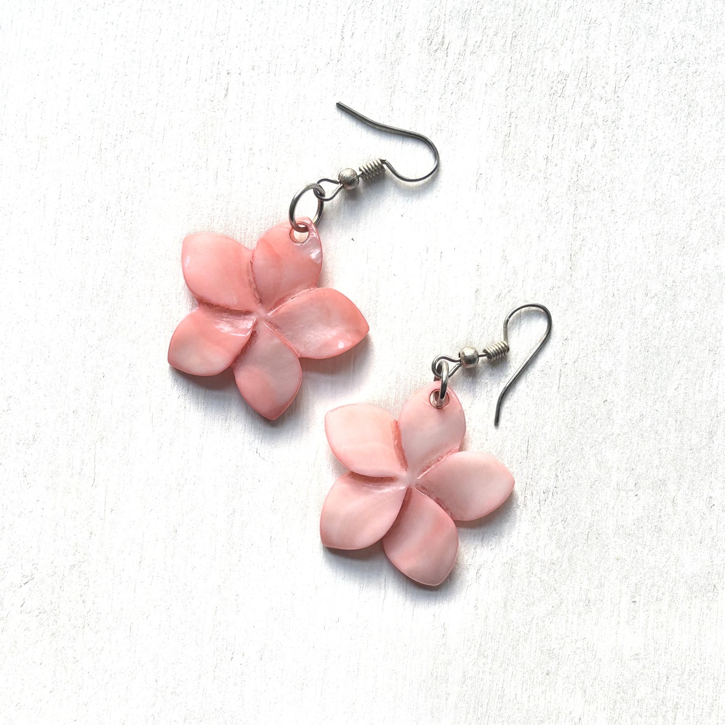 Handcrafted Plumeria Style Flower Mother of Pearl Shell Earrings (Coral)
