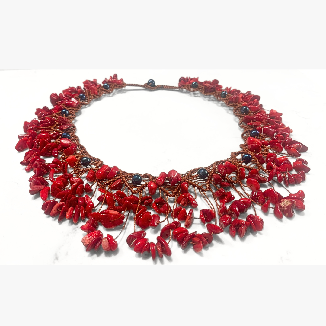 Red Shells & Cultured Black Tongan Pearls Woven Necklace
