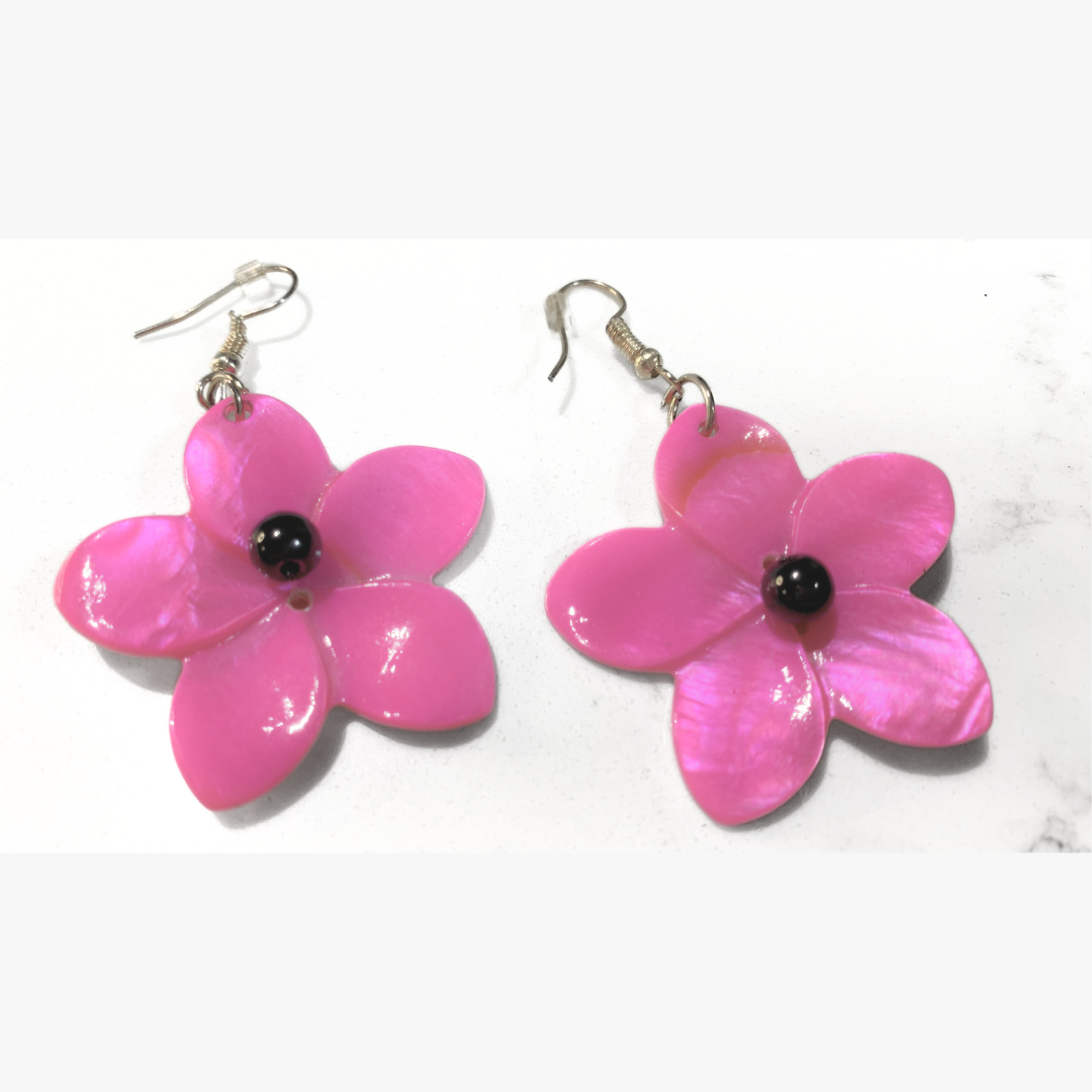 Bright Pink Shell & Black Bead Necklace & Earrings