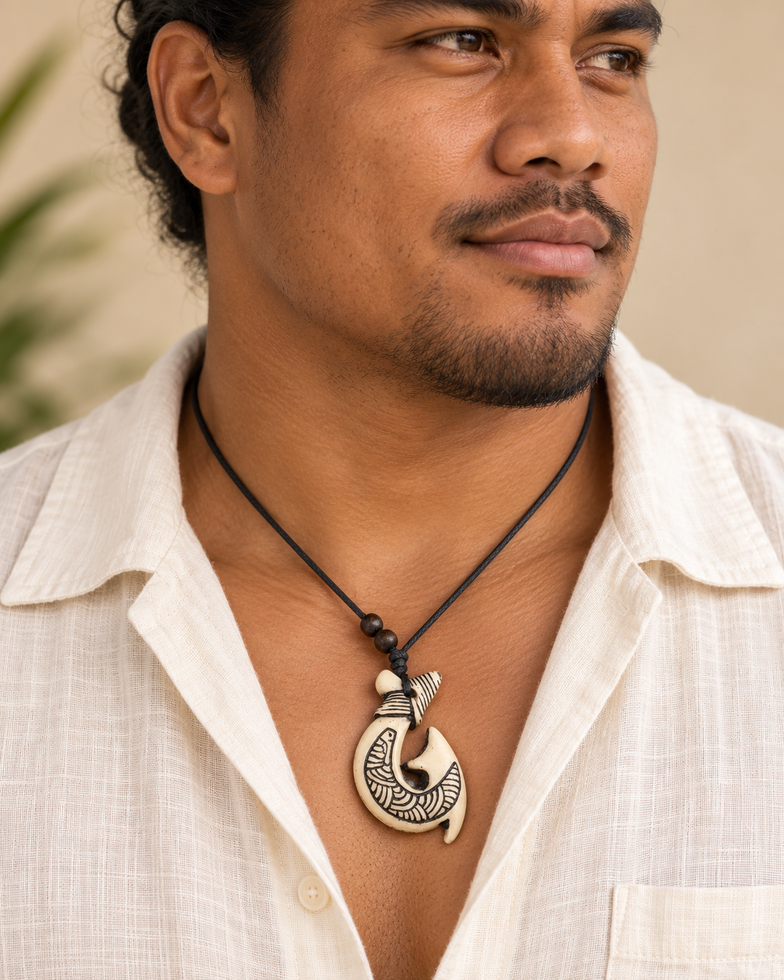 Tribal Kahoa Bone Pendant — AI-generated model styling; scale illustrative