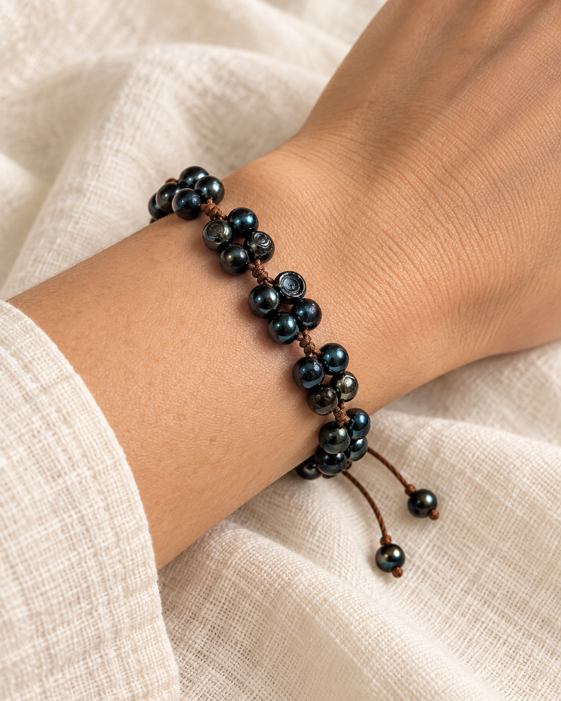 AI-generated styling illustration of Cultured Black Baroque Pearls Woven Bracelet worn by a model. Refer to original product photographs for details; scale is illustrative.