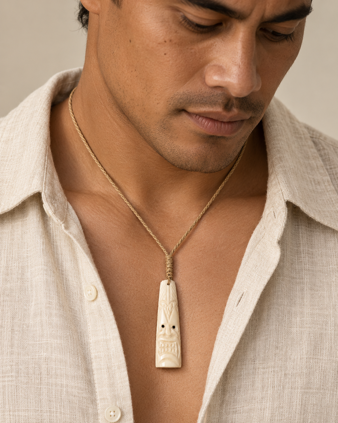 Kahoa Bone Tiki Pendant — AI-generated model styling; scale illustrative