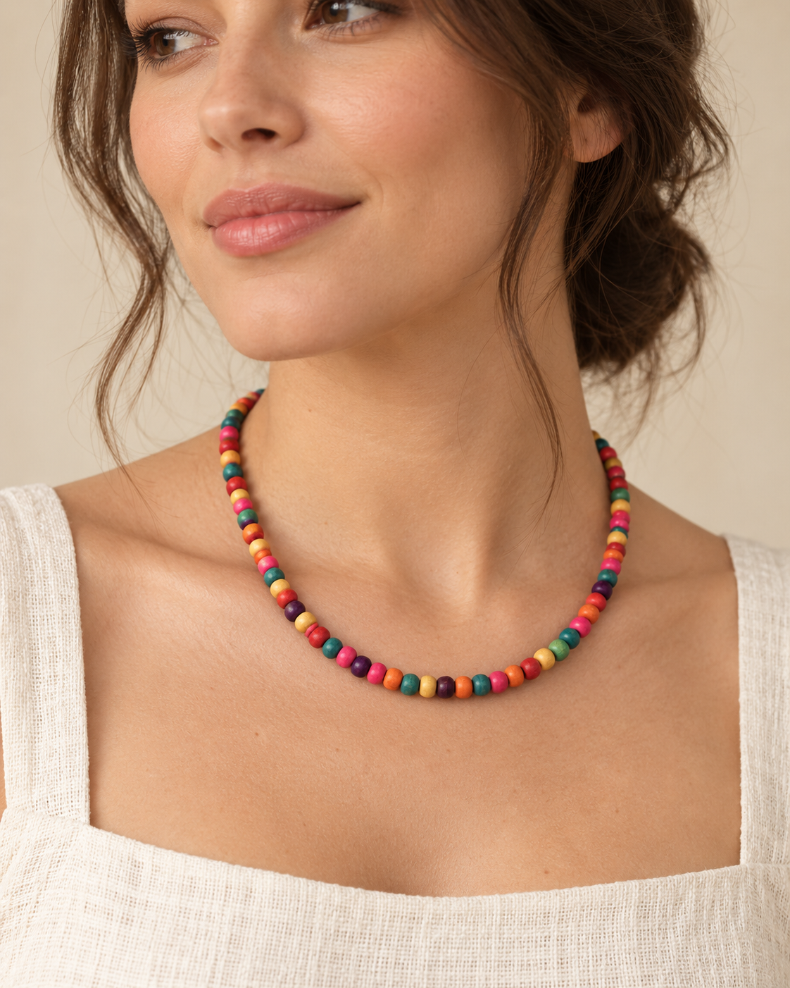 Multi-Coloured Beaded Necklace — AI-generated model styling; scale illustrative