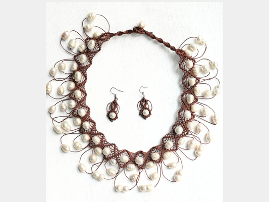 South Sea Cultured White Baroque Pearl Necklace & Earrings (Woven)