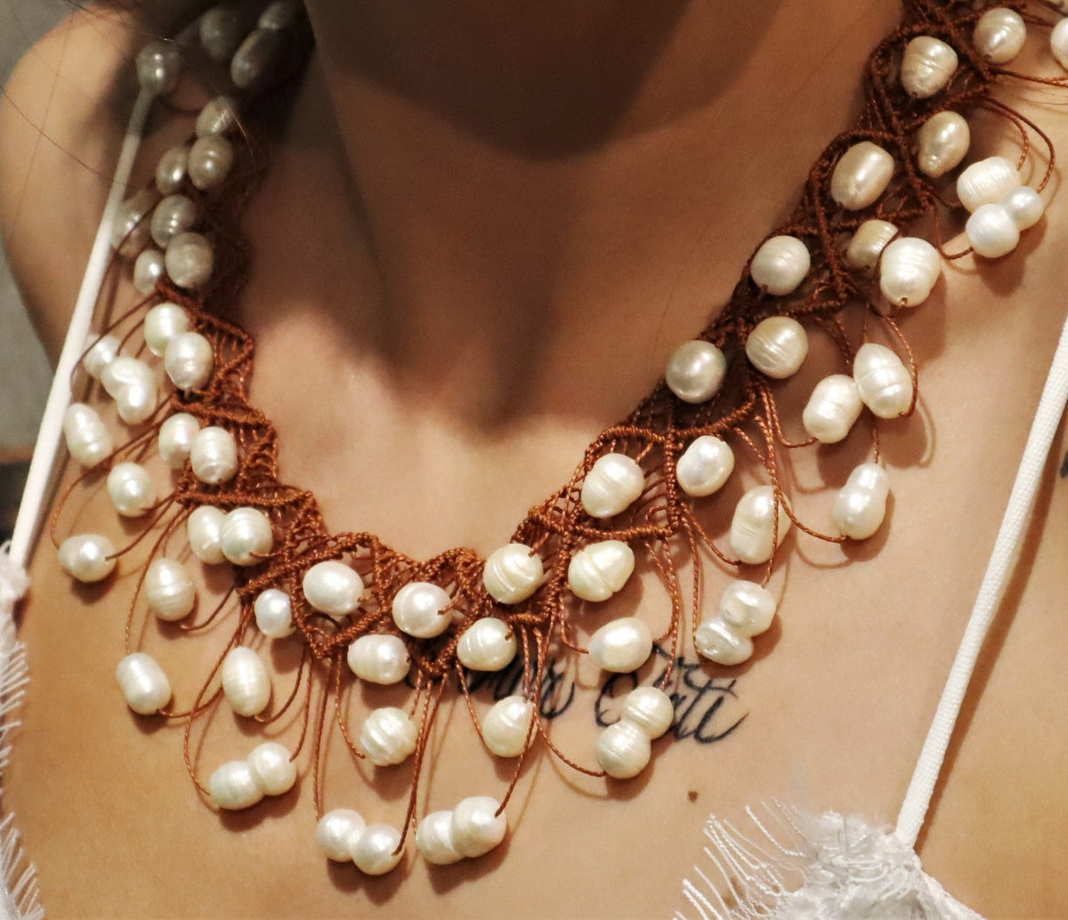South Sea Cultured White Baroque Pearl Necklace & Earrings (Woven)
