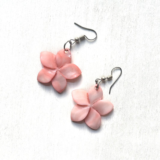 Handcrafted Plumeria Style Flower Mother of Pearl Shell Earrings (Coral)