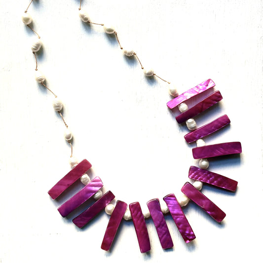Handcrafted Fuchsia Tongan Shells & White Baroque Pearls Necklace
