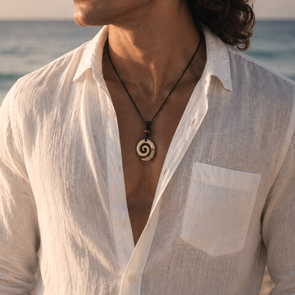 A male model wearing a carved spiral pendant on a dark cord