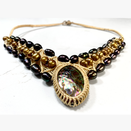 South Sea Cultured Bronze and Black Pearls With a Mother of Pearl Shell Woven Necklace