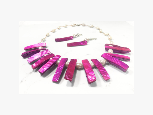 Handcrafted Magenta Shells & White Baroque Pearls Necklace & Earrings