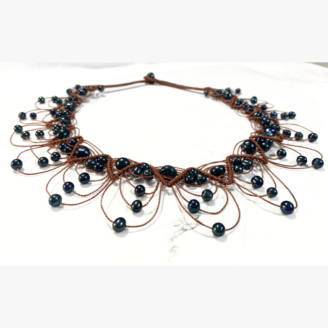 Tongan Cultured Black Pearls Woven Necklace