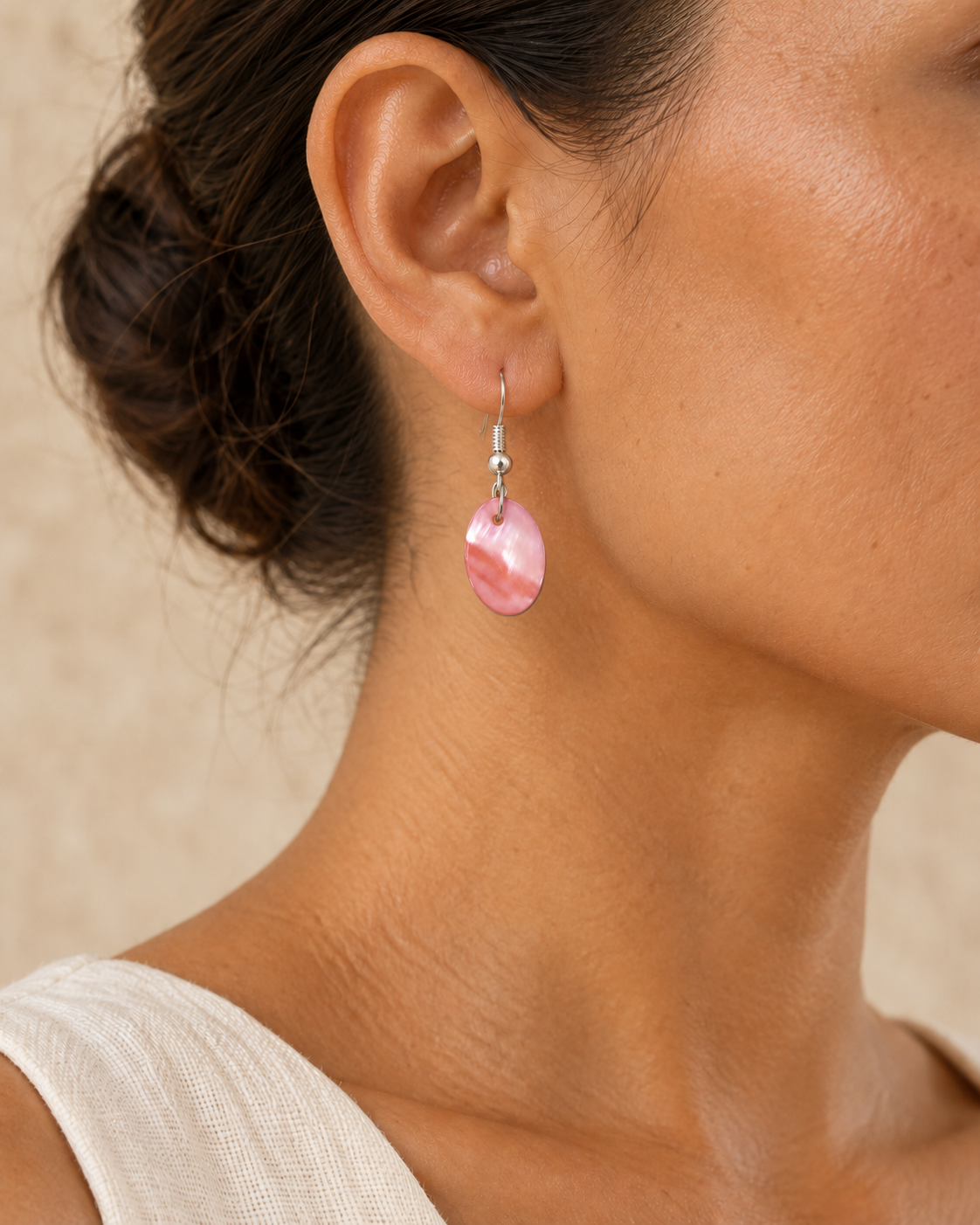 "Pretty in Pink" Oval Shaped Shell Earrings worn by a model - AI-assisted styling illustration; scale is illustrative. Original product photographs are included in the gallery.