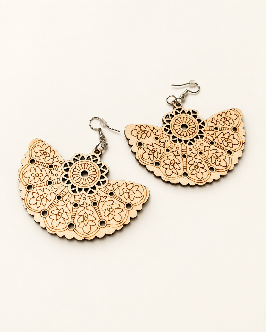 Carved Wood Fan Earrings — AI-restyled studio presentation based on the original product photograph