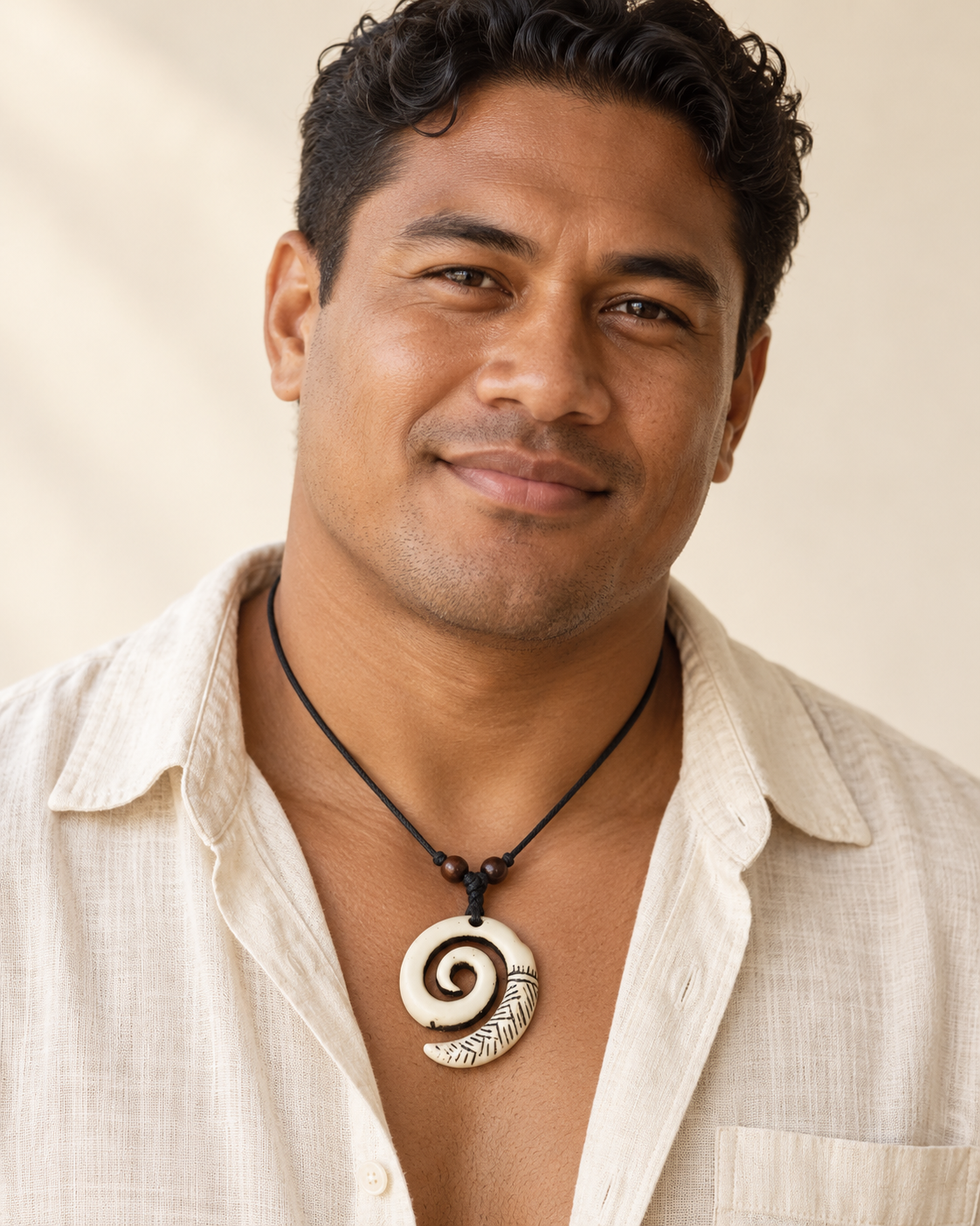 Tribal Etched Pendant (Kahoa Bone) worn by a model — AI-generated styling illustration; scale illustrative