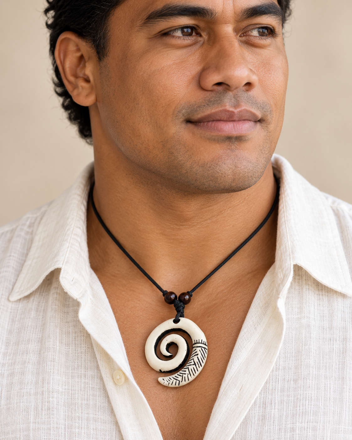 Tribal Etched Pendant (Kahoa Bone) — AI-generated model styling; scale illustrative