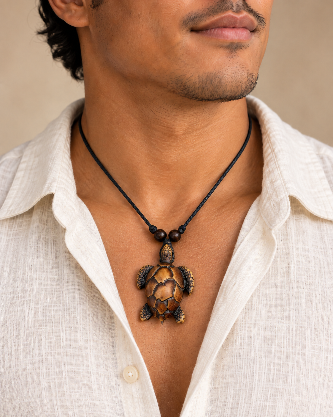Brown Turtle Pendant (Kahoa Bone) — AI-generated model styling; scale illustrative