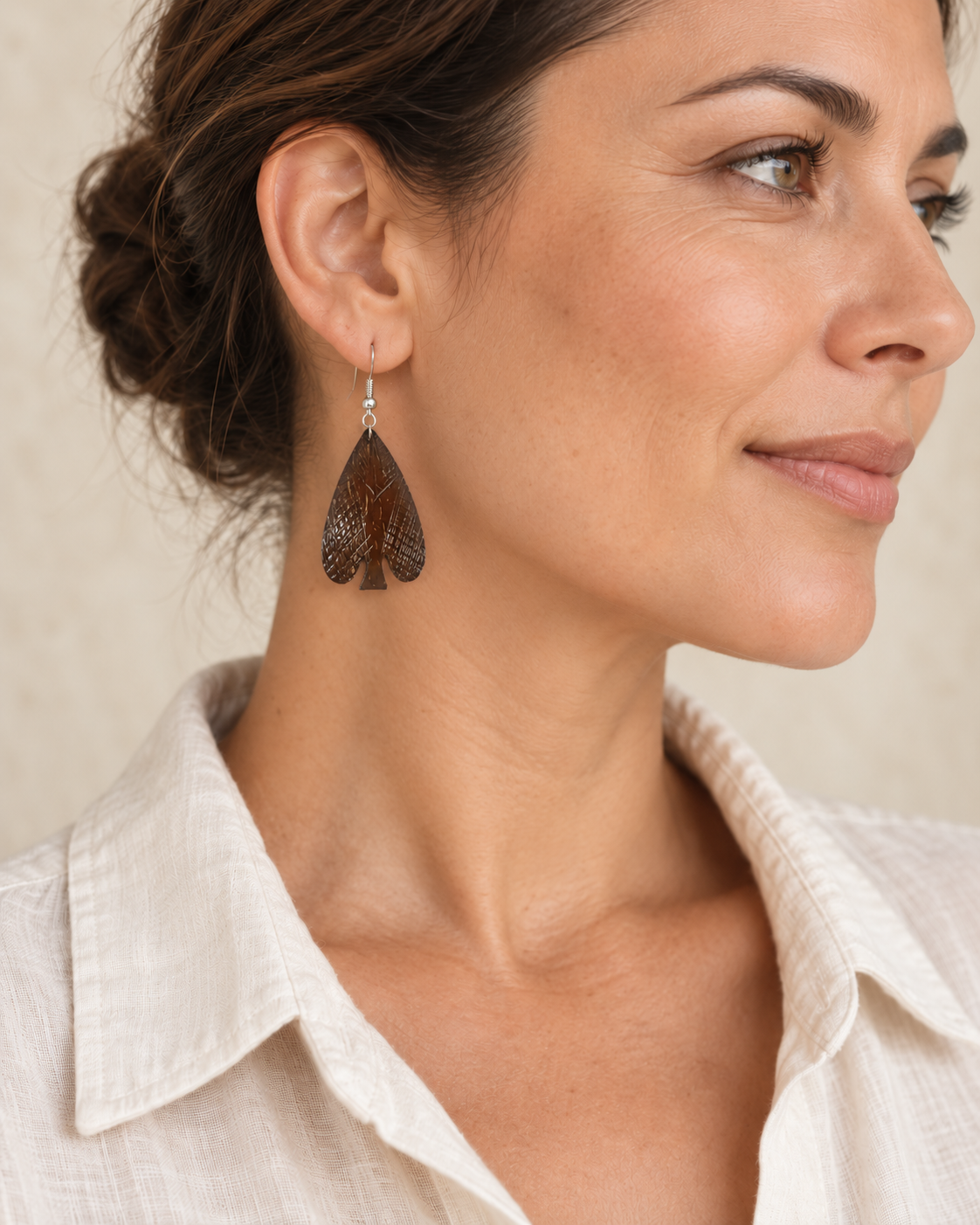 Coconut Shell Earrings worn by a model - AI-assisted styling illustration; scale is illustrative. Original product photographs are included in the gallery.