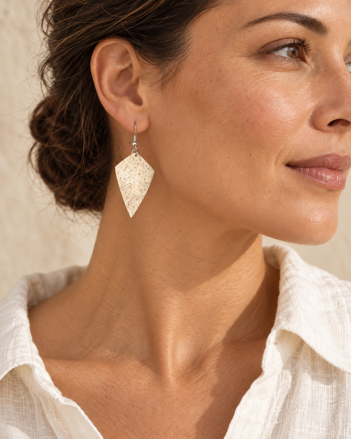 Cream Coconut Shell Earrings worn by a model - AI-assisted styling illustration; scale is illustrative. Original product photographs are included in the gallery.