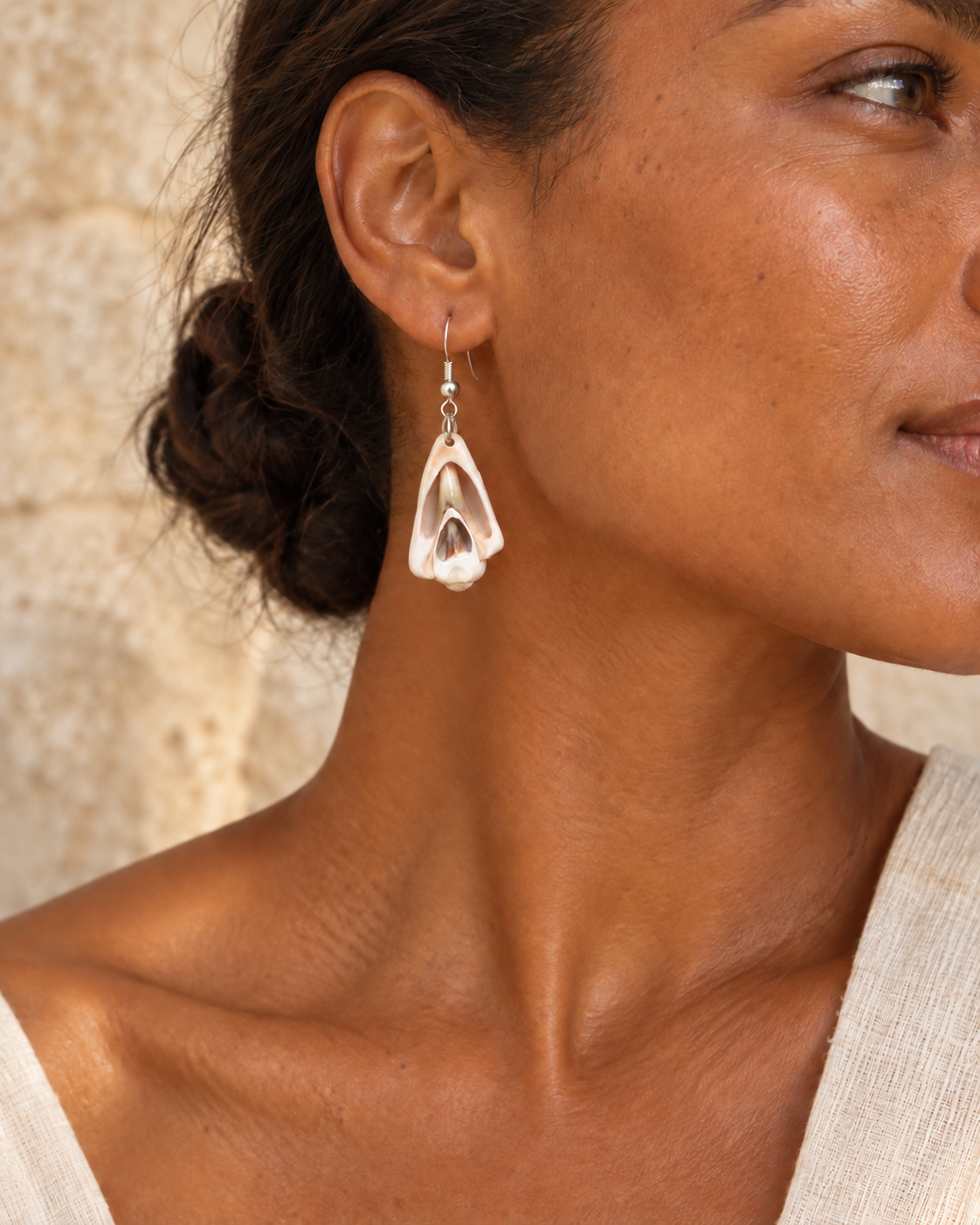 Cross-cut Shell Earrings worn by a model - AI-assisted styling illustration; scale is illustrative. Original product photographs are included in the gallery.