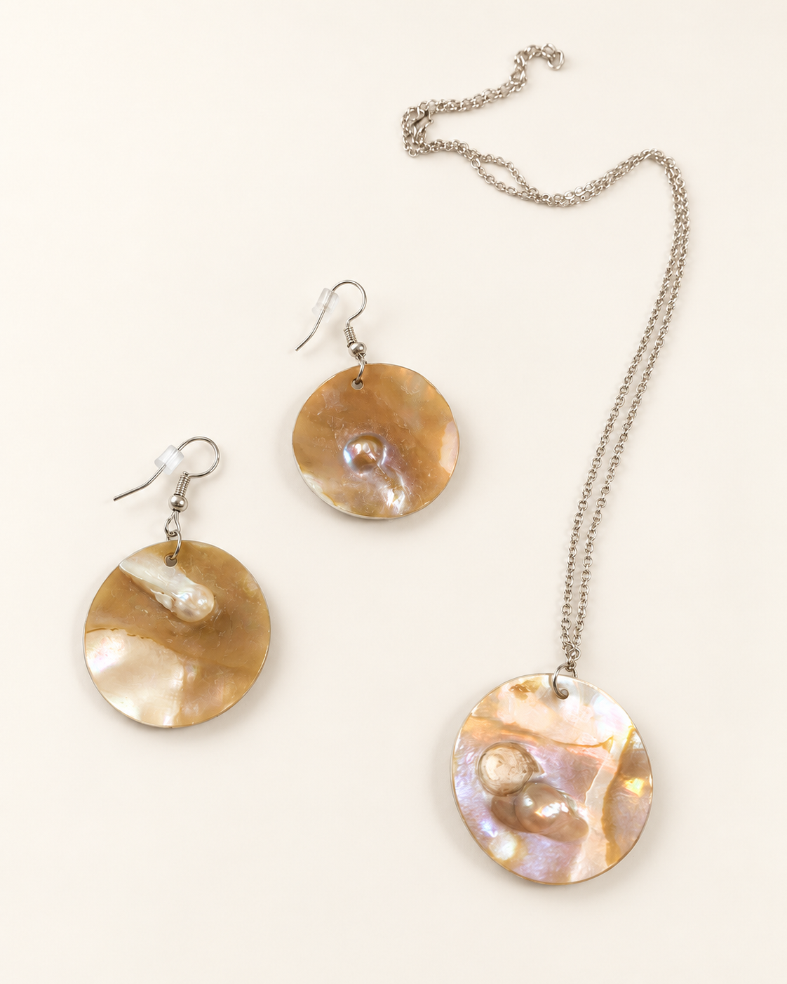 Cultured Blister Pearl Necklace & Earrings — AI-restyled studio presentation based on the original product photograph