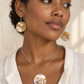 AI-generated styling illustration of Cultured Blister Pearl Necklace & Earrings worn by a model. Refer to original product photographs for details; scale is illustrative.