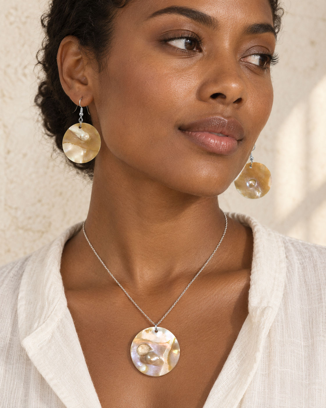 AI-generated styling illustration of Cultured Blister Pearl Necklace & Earrings worn by a model. Refer to original product photographs for details; scale is illustrative.