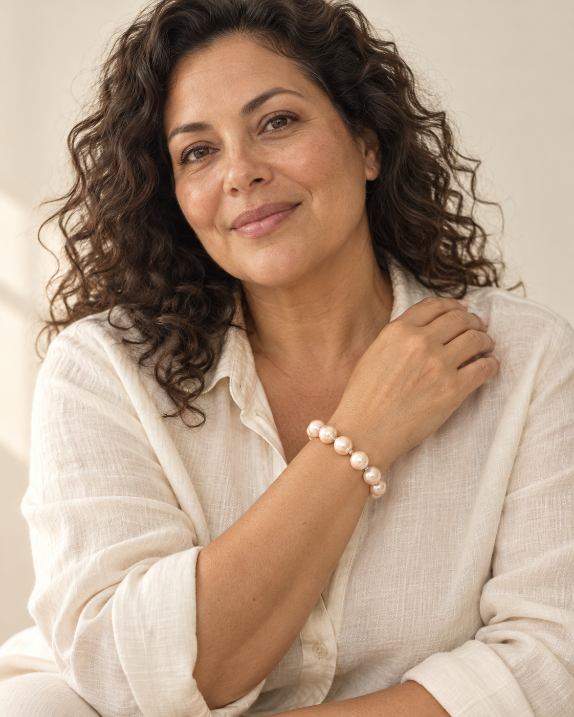 Cultured Soft Pink Baroque Pearl Bracelet 7-9 mm worn by a model — AI-generated styling illustration; scale illustrative