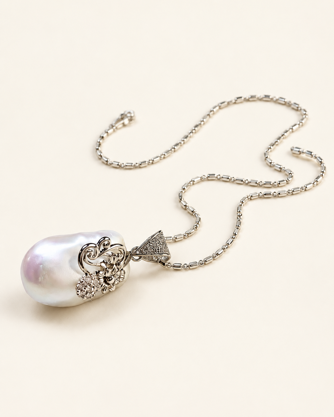 Cultured White Baroque Pearl Necklace — AI-restyled studio presentation based on the original product photograph