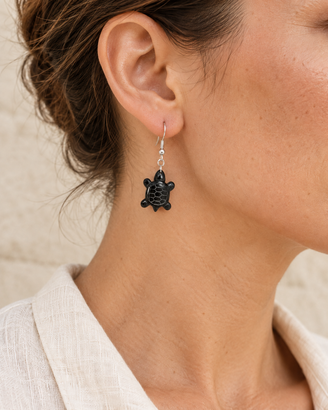 Deep Sea Stone Carved Turtle Earrings worn by a model - AI-assisted styling illustration; scale is illustrative. Original product photographs are included in the gallery.