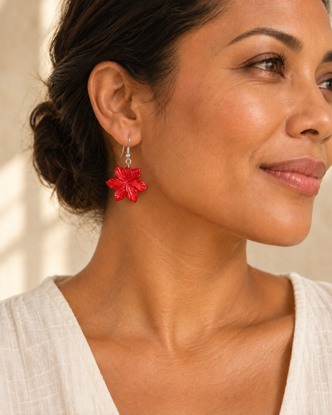Floral Shell Earrings (Red, Pink, Blue, Black & White) worn by a model - AI-assisted styling illustration; scale is illustrative. Original product photographs are included in the gallery.