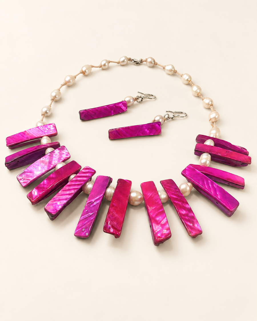 Handcrafted Magenta Shells & White Baroque Pearls Necklace & Earrings