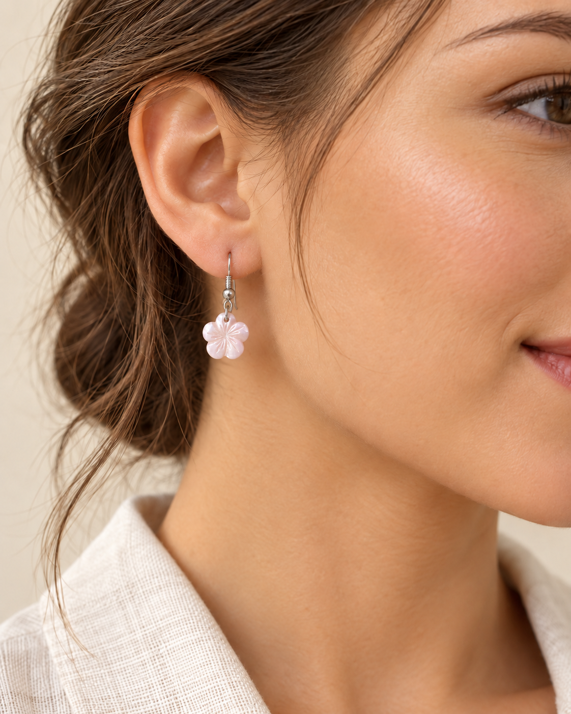 Mini Floral Shell Earrings worn by a model - AI-assisted styling illustration; scale is illustrative. Original product photographs are included in the gallery.