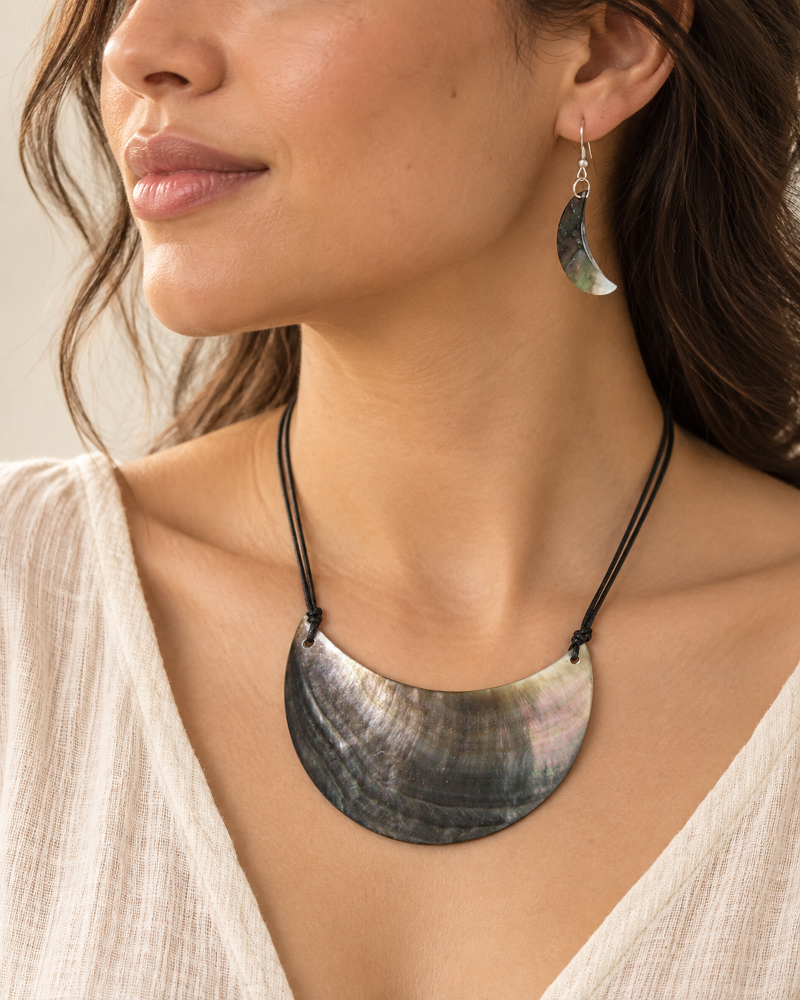 Moon Shaped Shell Necklace & Earrings — AI-generated model styling; scale illustrative
