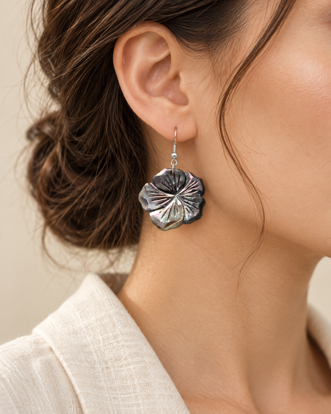 Mother-of-Pearl Shell Earrings (2 colours) — AI-generated model styling; scale illustrative
