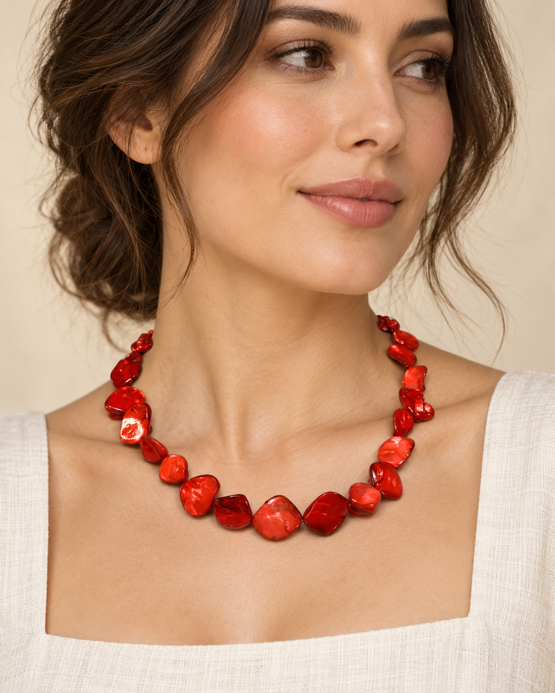 Red Shell Necklace — AI-generated model styling; scale illustrative
