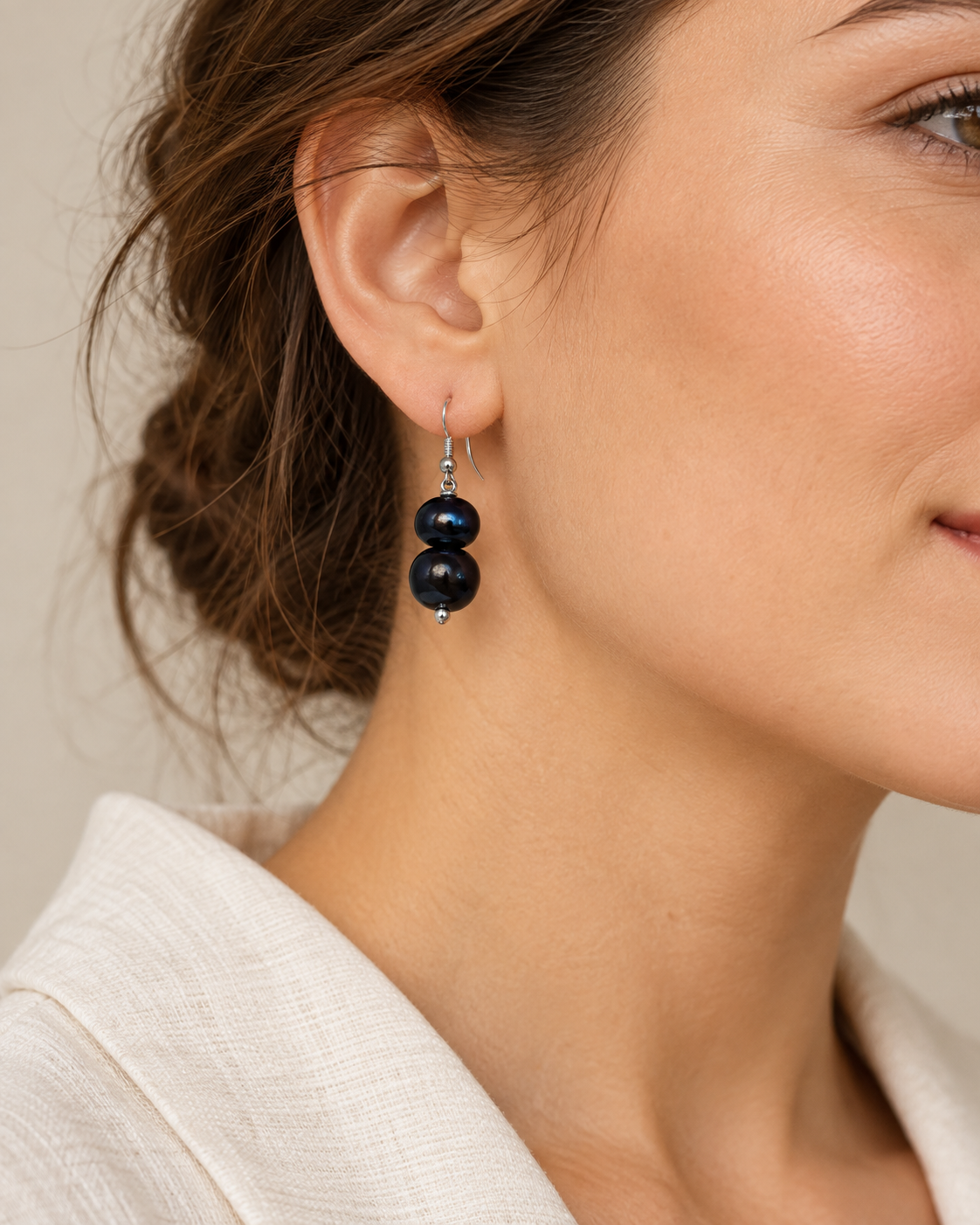 South Sea Cultured Black Pearl 2 Stone Earrings (Tonga) — AI-generated model styling; scale illustrative