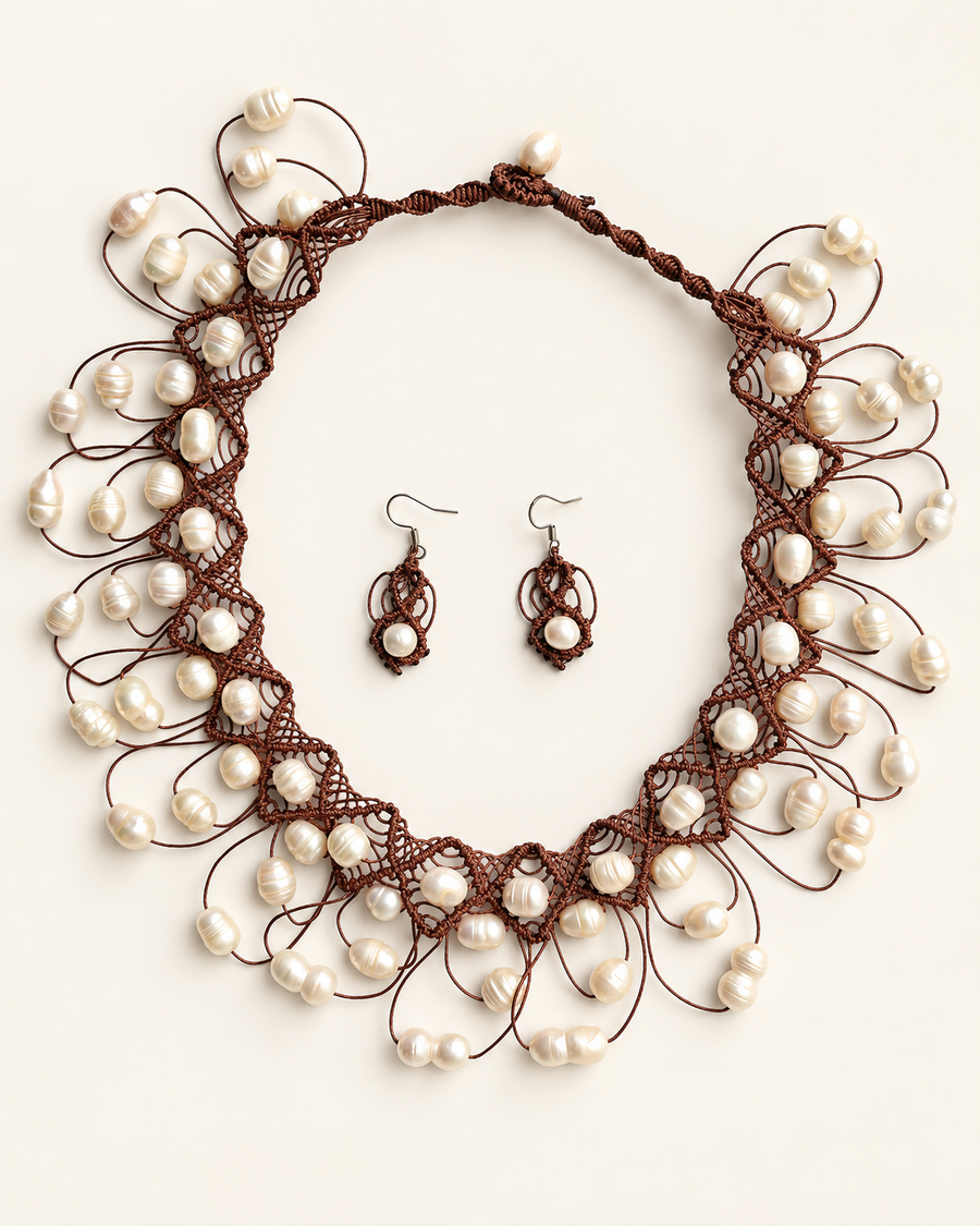 South Sea Cultured White Baroque Pearl Necklace & Earrings (Woven)
