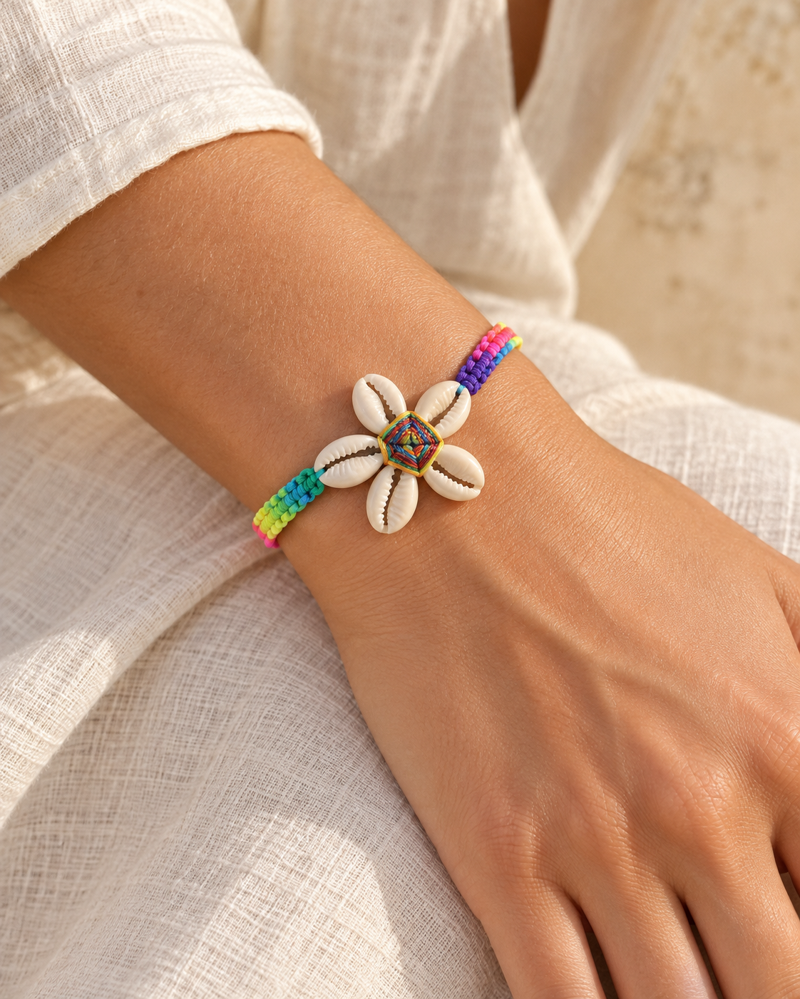 AI-generated styling illustration of Braided Rainbow Bracelet With Shells worn by a model. Refer to original product photographs for details; scale is illustrative.