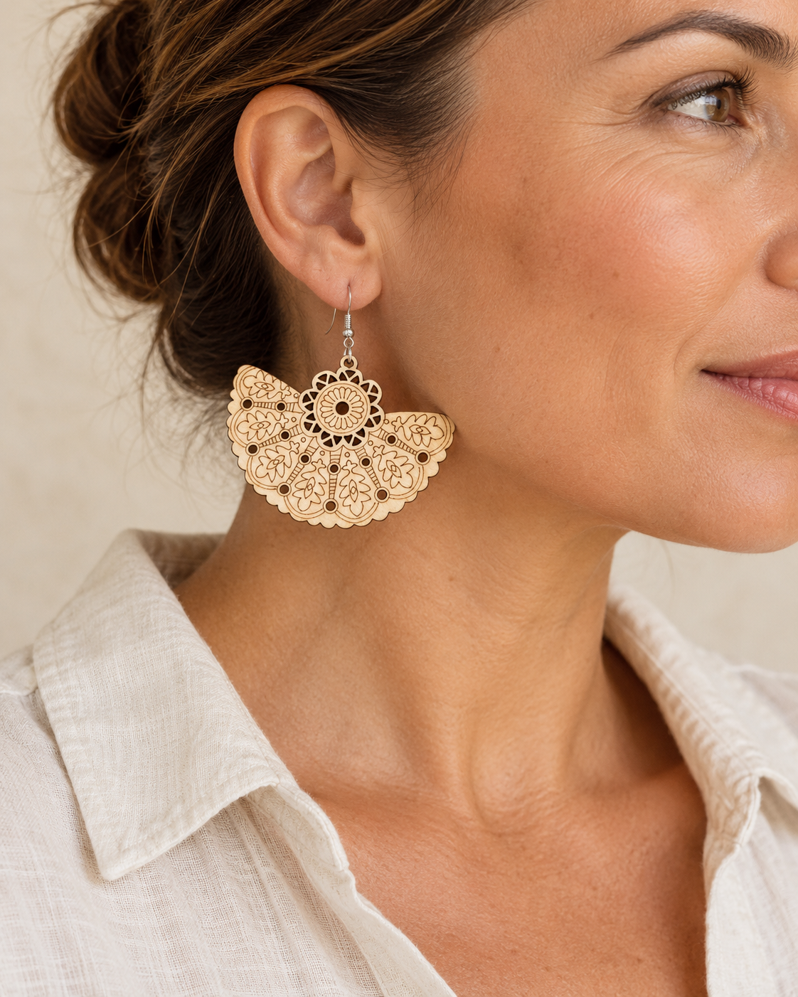AI-generated styling illustration of Carved Wood Fan Earrings worn by a model. Refer to original product photographs for details; scale is illustrative.