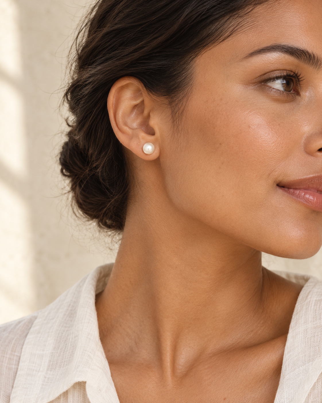 AI-generated styling illustration of Cultured Mabe Pearl Earrings worn by a model. Refer to original product photographs for details; scale is illustrative.
